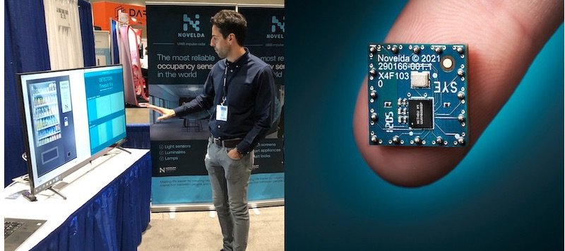At Sensors Converge, Novelda shows a demo of their UWB proximity sensor using a mock-up of a vending machine (left). Close up of the sensor (right). 